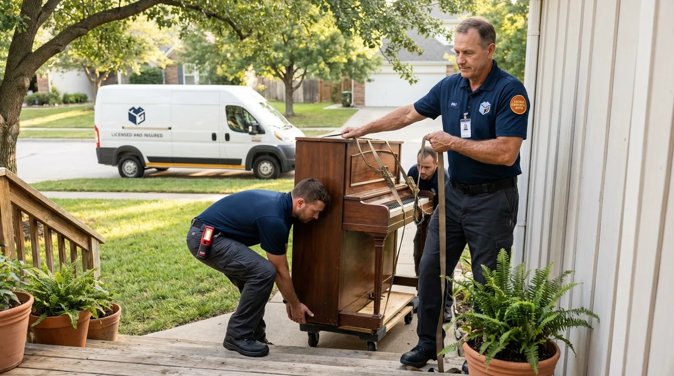 Licensed piano movers securing grand piano in Helena, AL