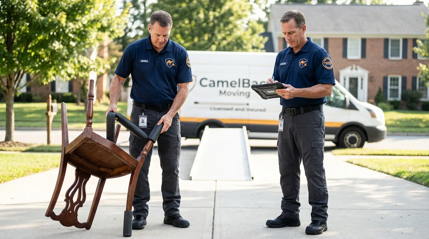 Movers inspecting furniture for damage prevention before loading in Helena, AL