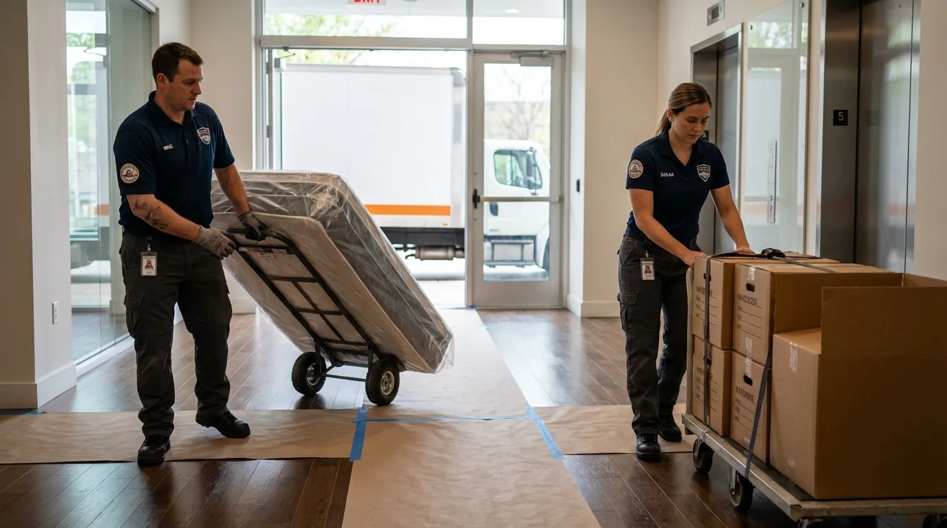 Professional apartment movers loading elevator in Helena, AL